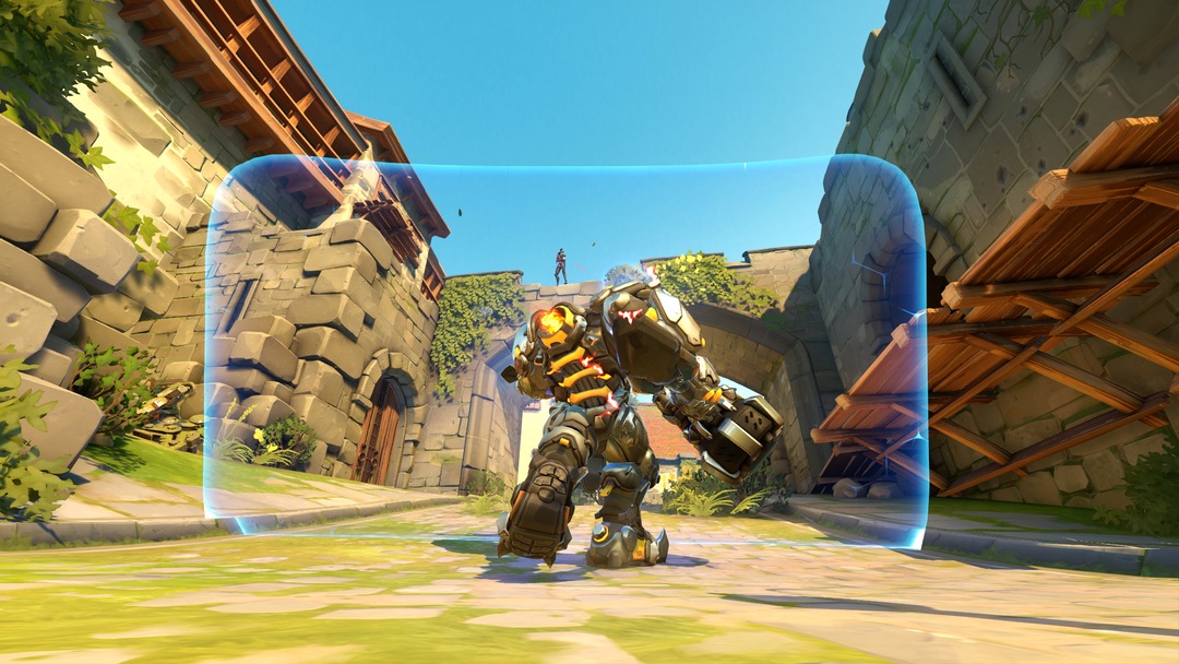 Reinhardt raising his Barrier Field shield, official Overwatch art