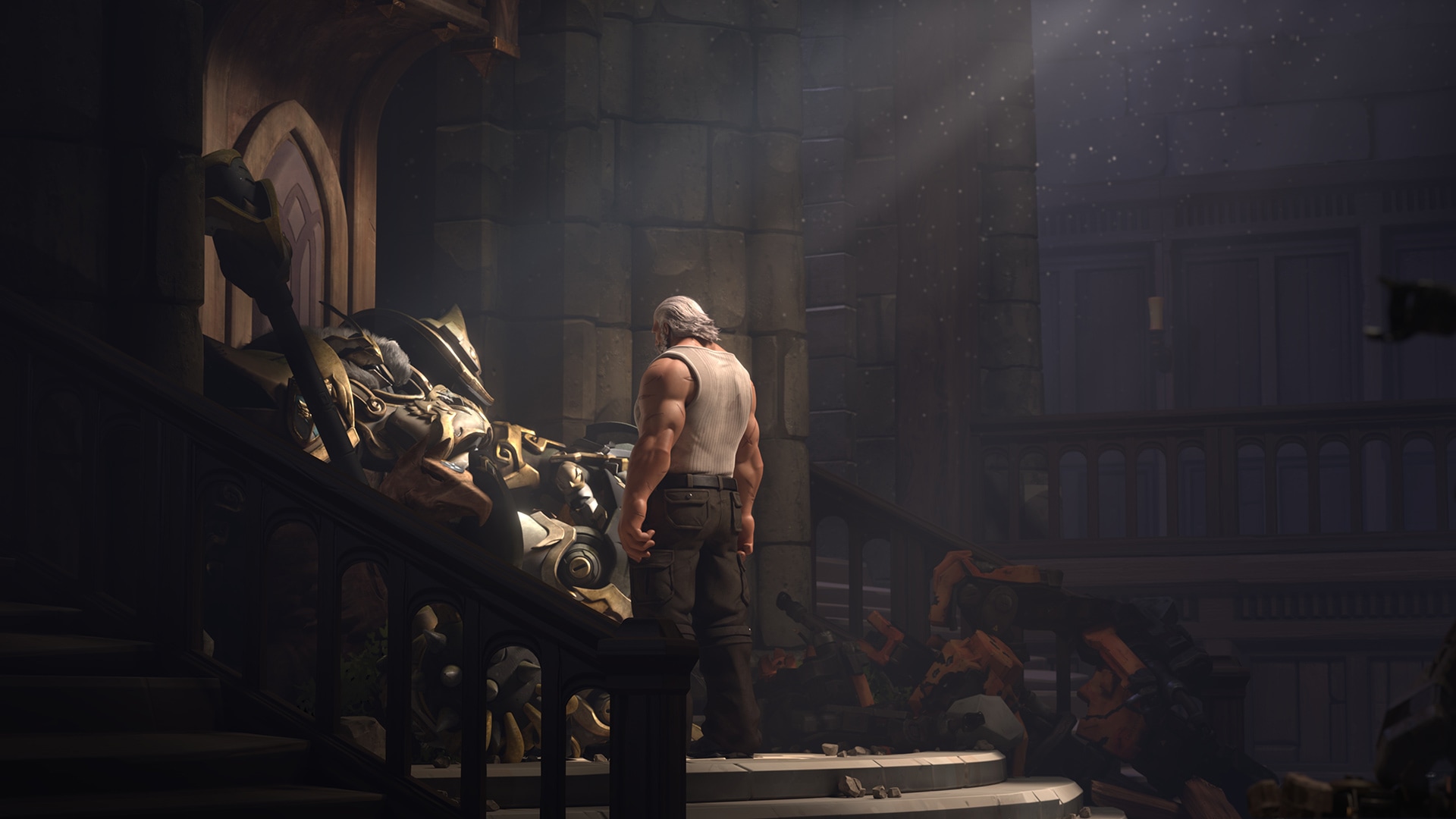 Reinhardt standing heroic in Eichenwalde, official Overwatch art