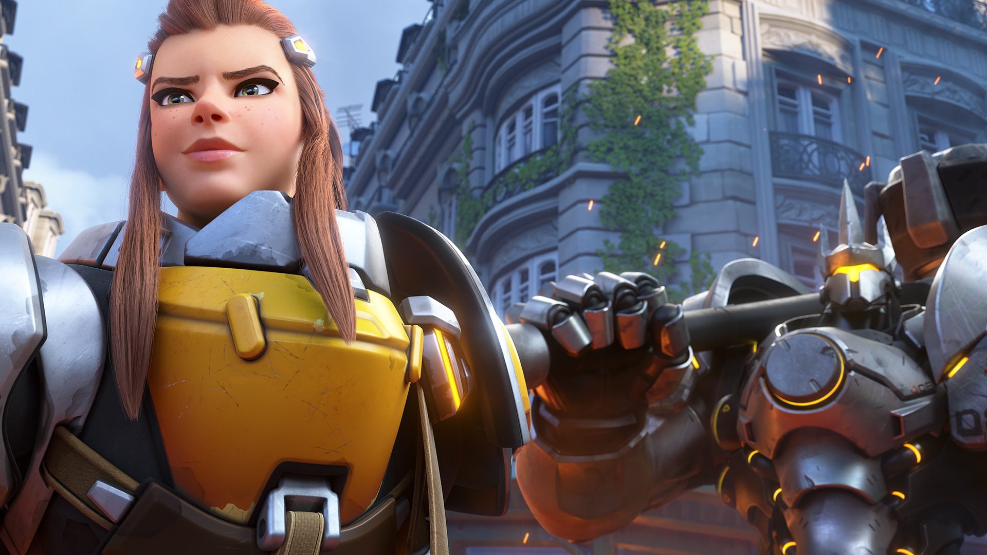 Reinhardt charging into battle, official Overwatch art